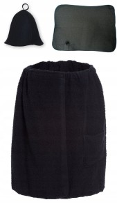 SAUNA - KOMPLET MĘSKI CZARNY - KILT CZAPKA DYWANIK