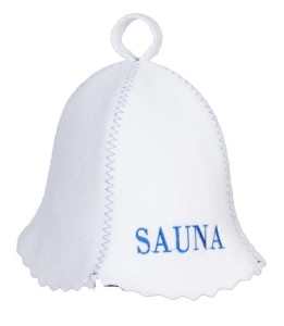 SAUNA CZAPKA DO SAUNY FILCOWA BIAŁA LOGO NIEBIESKIE