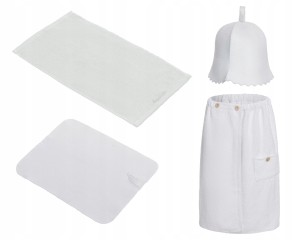 SAUNA KOMPLET DAMSKI BIAŁY KILT RĘCZNIK GUZIK 100%BAWEŁ CZAPKA DYWANIK FILC