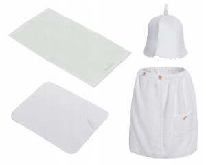 SAUNA -KOMPLET DAMSKI BIAŁY - PAREO RĘCZNIK 100%BAWEŁNA CZAPKA DYWANIK FILC