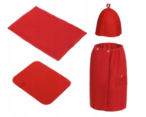 SAUNA PAKIET DAMSKI CZERW PAREO RĘCZNIK GUZIK 100%BAWEŁ CZAPKA DYWANIK FILC