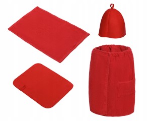 SAUNA - KOMPLET MĘSKI CZERW - KILT RĘCZNIK 100% BAWEŁNA CZAPKA DYWANIK FILC