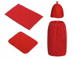 SAUNA - KOMPLET DAMSKI CZERW - KILT RĘCZNIK 100%BAWEŁNA CZAPKA DYWANIK FILC