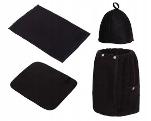SAUNA KOMPLET MĘSKI CZARNY KILT RĘCZNIK GUZIK 100%BAWEŁ CZAPKA DYWANIK FILC