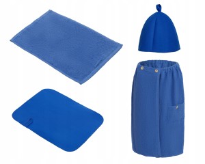 SAUNA KOMPLET DAMSKI BLUE KILT RĘCZNIK GUZIK 100%BAWEŁ CZAPKA DYWANIK FILC