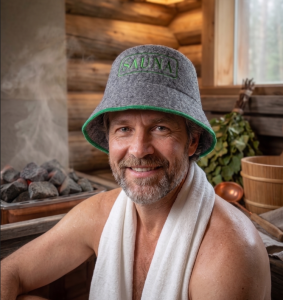 SAUNA CZAPKA KAPELUSZ DO SAUNY - PANAMA SZARA LOGO ZIELONE