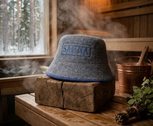 SAUNA CZAPKA KAPELUSZ DO SAUNY - PANAMA SZARA LOGO NIEBIESKI