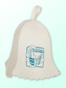 Czapka do sauny biała 100% filcowa - Sauna 2015 B Logo małe niebieskie